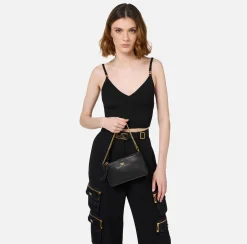 Borse A Spalla|Elisabetta Franchi Miniborsa baguette a tracolla in pelle con lettering Nero