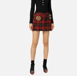 Gonne|Elisabetta Franchi Minigonna a pieghe in lana tartan con patch ricamato Nero/RedPassion