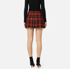 Gonne|Elisabetta Franchi Minigonna a pieghe in lana tartan con patch ricamato Nero/RedPassion