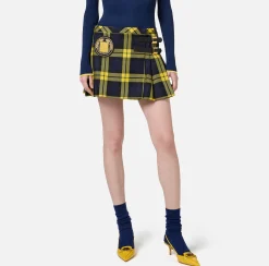 Gonne|Elisabetta Franchi Minigonna a pieghe in lana tartan con patch ricamato Navy/Mimosa