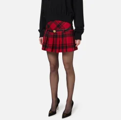 Gonne|Elisabetta Franchi Minigonna a pieghe in tartan di lana RedPassion/Nero