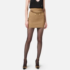 Tailleur|Gonne|Elisabetta Franchi Minigonna in crêpe stampa rombo con catena Camel/Nero