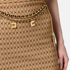 Tailleur|Gonne|Elisabetta Franchi Minigonna in crêpe stampa rombo con catena Camel/Nero