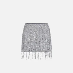Gonne|Elisabetta Franchi Minigonna in tulle ricamata con frange di paillettes Silver