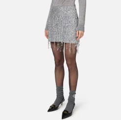 Gonne|Elisabetta Franchi Minigonna in tulle ricamata con frange di paillettes Silver