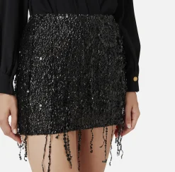 Gonne|Elisabetta Franchi Minigonna in tulle ricamata con frange di paillettes Nero