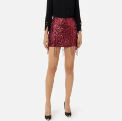 Gonne|Elisabetta Franchi Minigonna in tulle ricamata con frange di paillettes RougeNoir