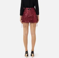 Gonne|Elisabetta Franchi Minigonna in tulle ricamata con frange di paillettes RougeNoir