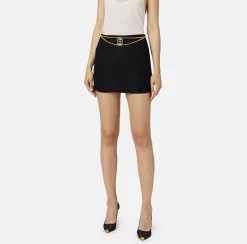 Gonne|Elisabetta Franchi Minigonna in tweed laminato con accessorio logo Nero