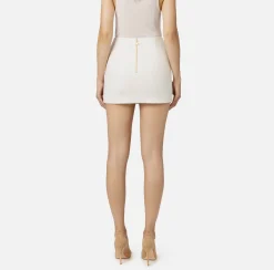 Gonne|Elisabetta Franchi Minigonna in tweed laminato con accessorio logo Avorio