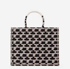 Borse A Mano|Elisabetta Franchi Monogram Tote Large Nero/Burro