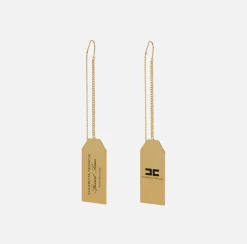 Bijoux|Elisabetta Franchi Orecchini pendenti in metallo con placca logo rettangolare OroGiallo