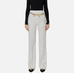 Tailleur|Pantaloni E Shorts|Elisabetta Franchi Pantalone a palazzo in crêpe stampa rombo con catena Burro/Nero