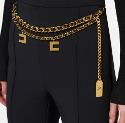 Pantaloni E Shorts|Elisabetta Franchi Pantalone a palazzo in crêpe stretch con cintura Nero