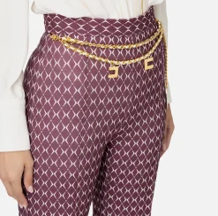 Tailleur|Pantaloni E Shorts|Elisabetta Franchi Pantalone a palazzo in crêpe stampa rombo con catena RougeNoir/Burro