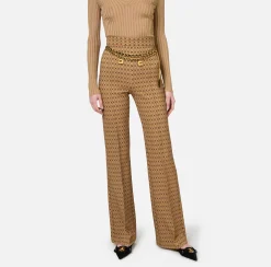 Tailleur|Pantaloni E Shorts|Elisabetta Franchi Pantalone a palazzo in crêpe stampa rombo con catena Camel/Nero