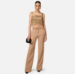 Pantaloni E Shorts|Elisabetta Franchi Pantalone dritto in crêpe con ricamo stemma Camel