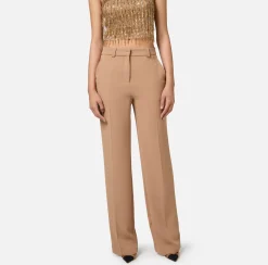 Pantaloni E Shorts|Elisabetta Franchi Pantalone dritto in crêpe con ricamo stemma Camel
