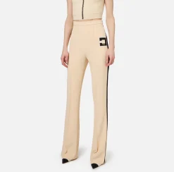 Pantaloni E Shorts|Elisabetta Franchi Pantalone dritto in crêpe stretch con bande e ricamo logo Steel/Burro