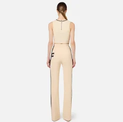 Pantaloni E Shorts|Elisabetta Franchi Pantalone dritto in crêpe stretch con bande e ricamo logo Steel/Burro
