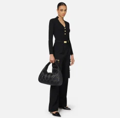 Pantaloni E Shorts|Elisabetta Franchi Pantalone dritto in crêpe con tasche e cintura Nero