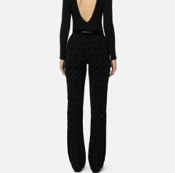 Tailleur|Pantaloni E Shorts|Elisabetta Franchi Pantalone dritto in crêpe flock con cintura Nero