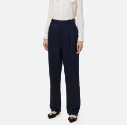Pantaloni E Shorts|Elisabetta Franchi Pantalone gamba ampia con doppia pinces in fresco di lana stretch Navy