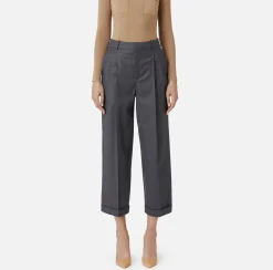 Pantaloni E Shorts|Elisabetta Franchi Pantalone in fresco lana con pinces e risvolto SteelMelange