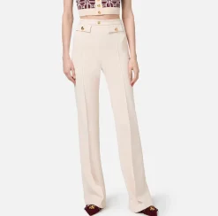 Tailleur|Pantaloni E Shorts|Elisabetta Franchi Pantalone palazzo in crêpe stretch con rivetto logo Burro