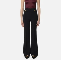 Tailleur|Pantaloni E Shorts|Elisabetta Franchi Pantalone palazzo in crêpe stretch con rivetto logo Nero