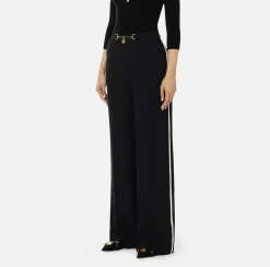 Pantaloni E Shorts|Elisabetta Franchi Pantalone palazzo in satin con morsetto Nero/Burro