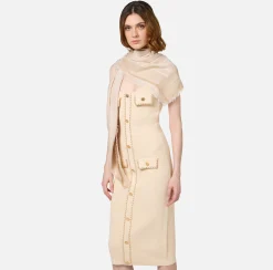 Sciarpe|Elisabetta Franchi Pashmina in jacquard lurex con pattern righe diagonali e logo Crema
