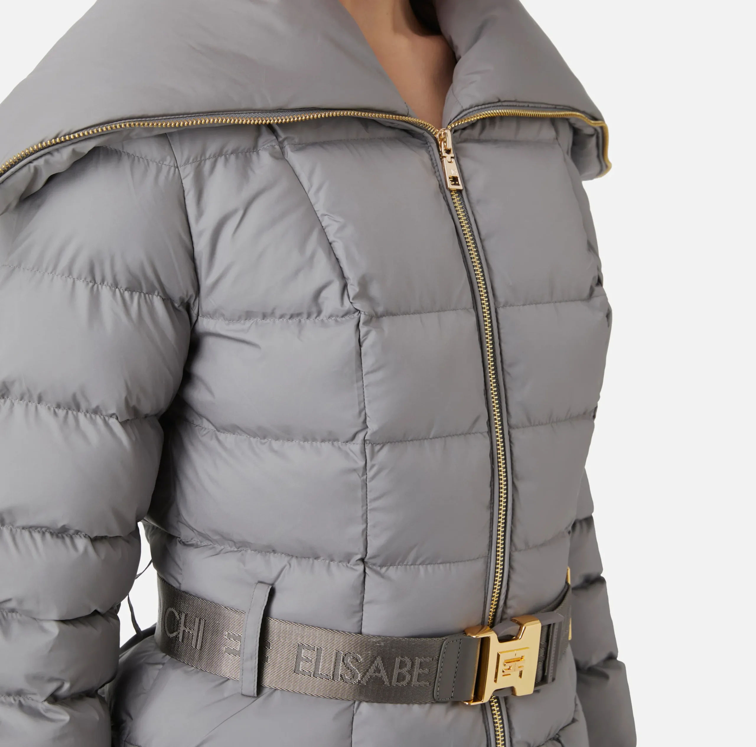 Capispalla|Elisabetta Franchi Piumino corto in nylon con ampio collo Steel