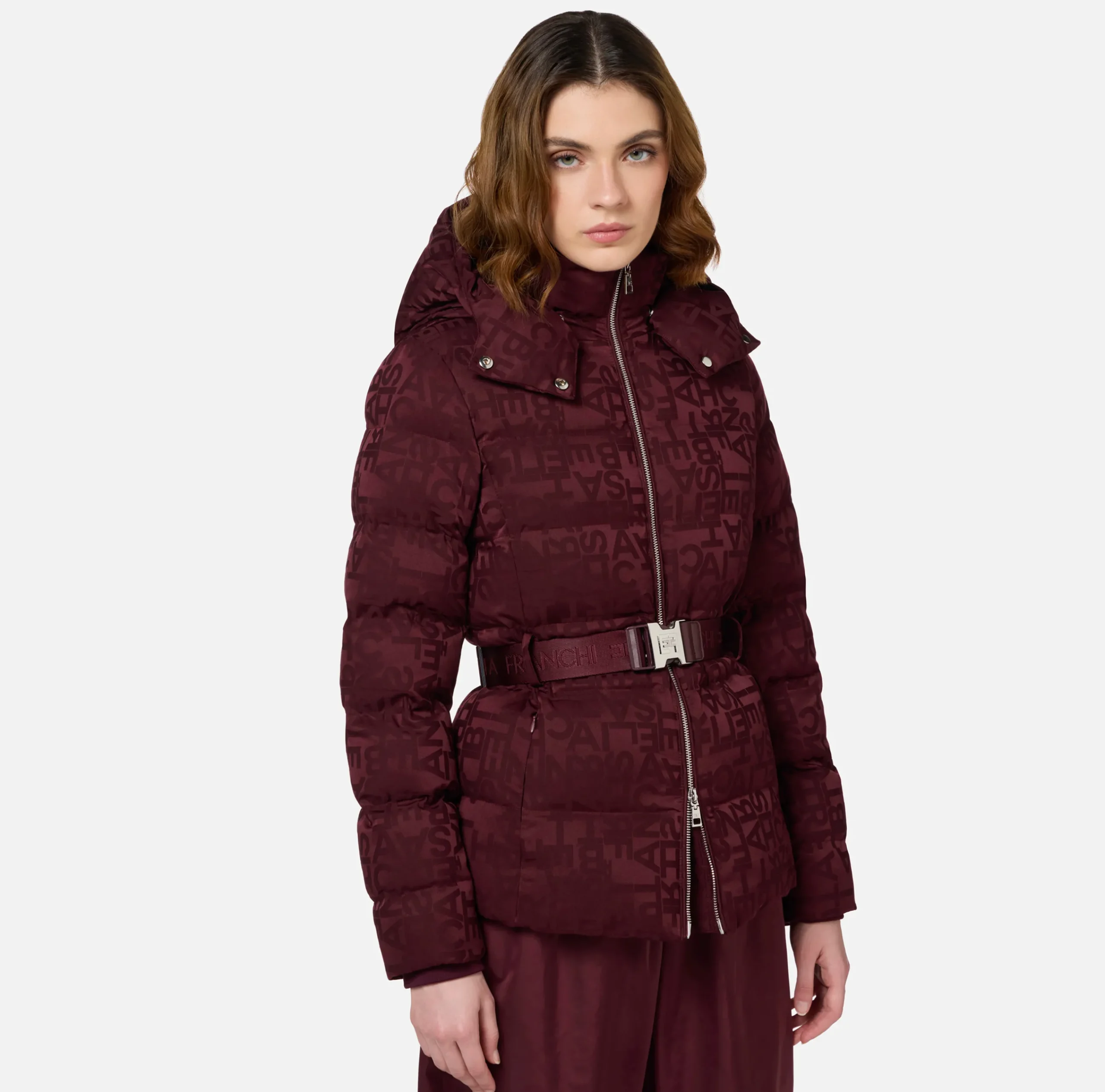 Capispalla|Elisabetta Franchi Piumino corto in nylon jacquard lettering RougeNoir