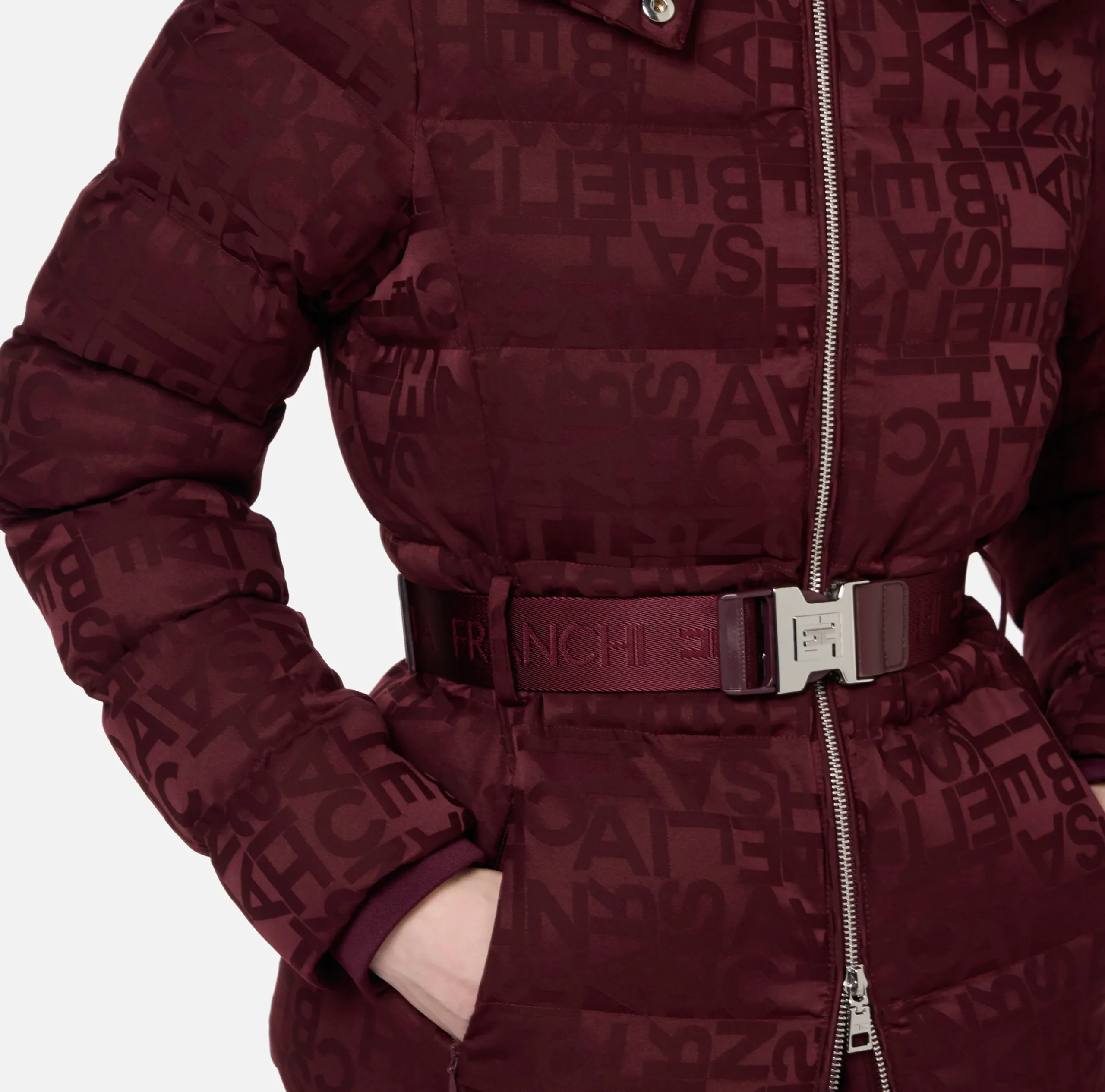 Capispalla|Elisabetta Franchi Piumino corto in nylon jacquard lettering RougeNoir