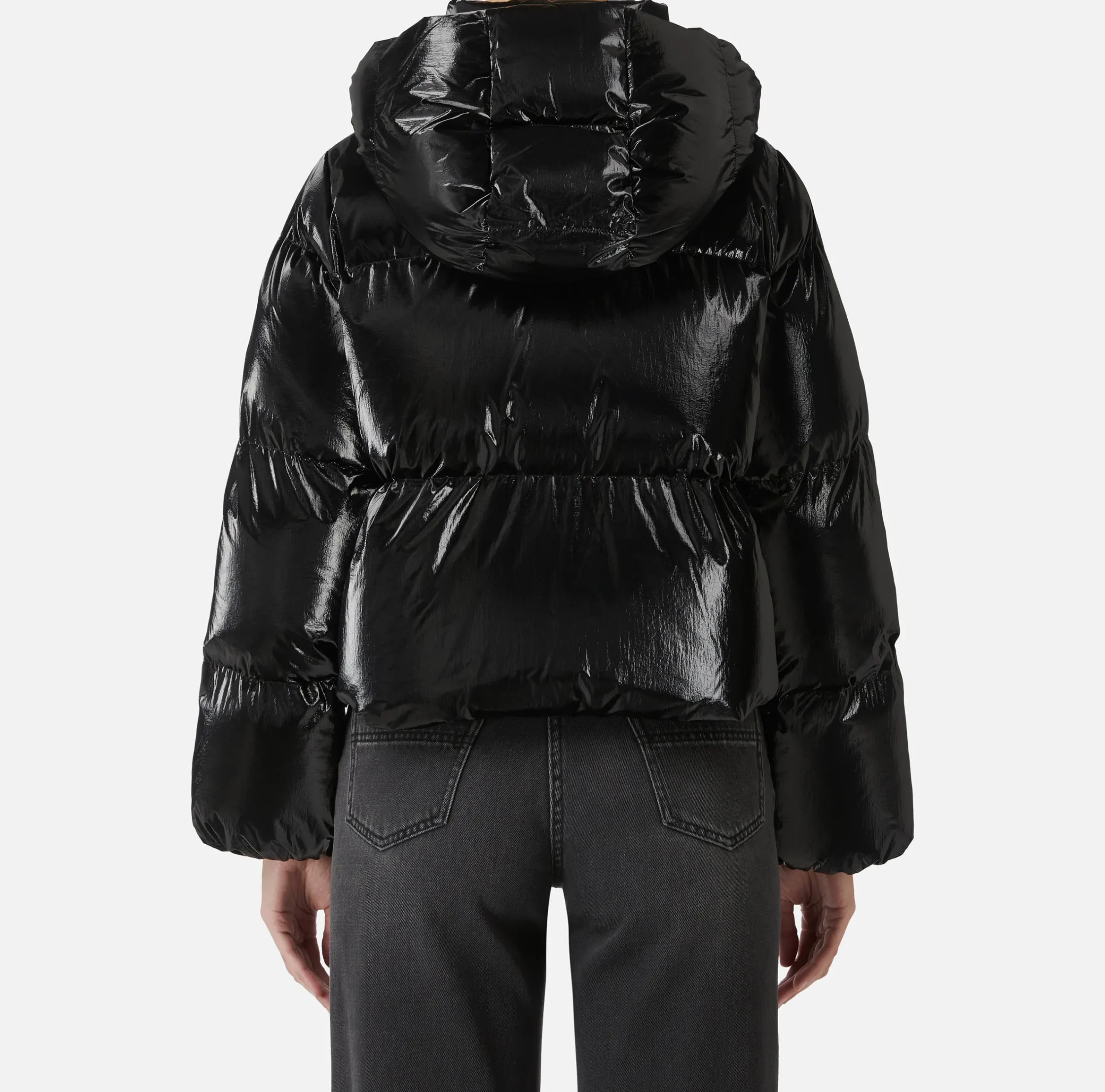 Capispalla|Elisabetta Franchi Piumino cropped in nylon effetto metallizzato Nero