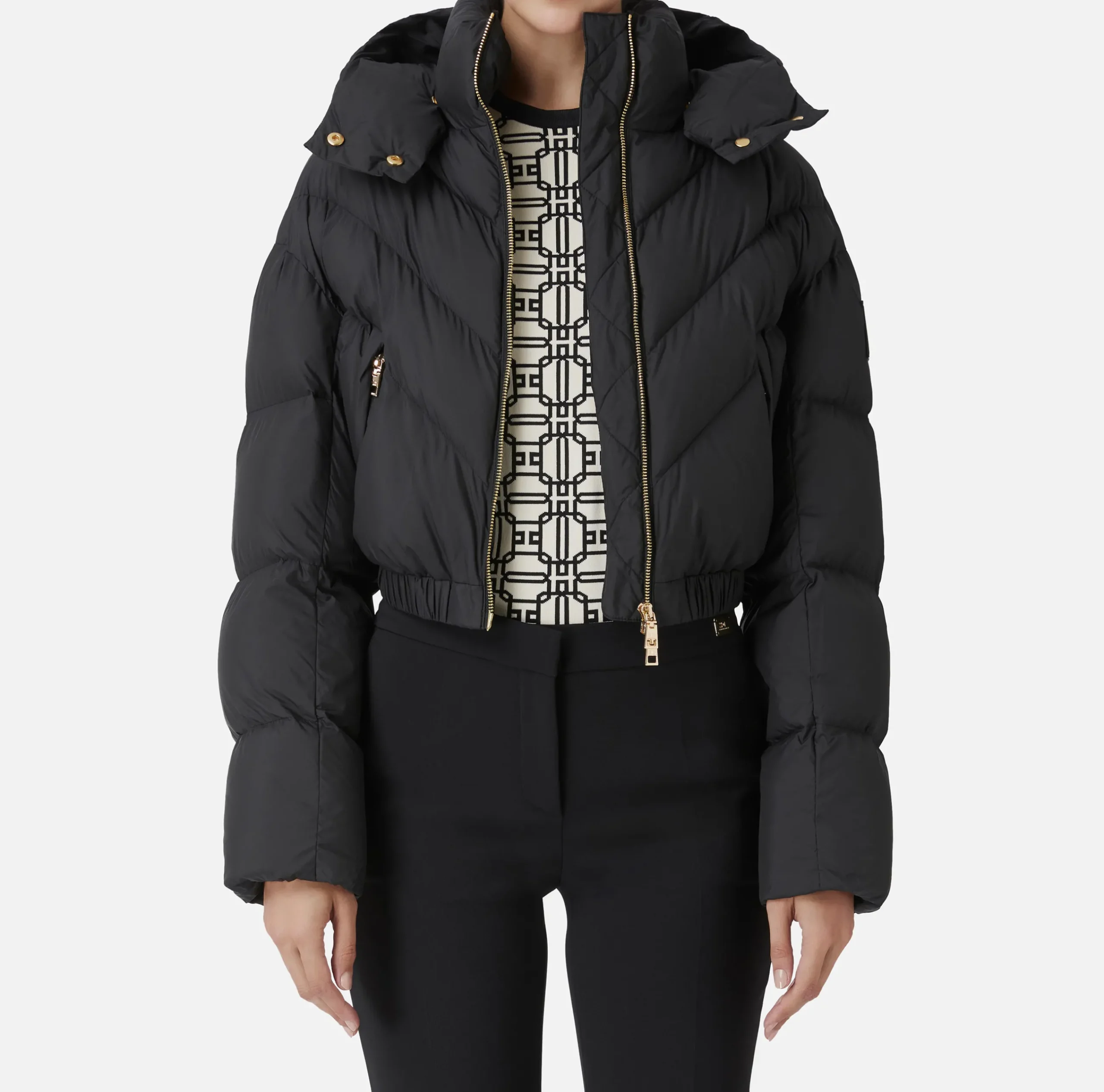 Capispalla|Elisabetta Franchi Piumino cropped in nylon lucido Nero