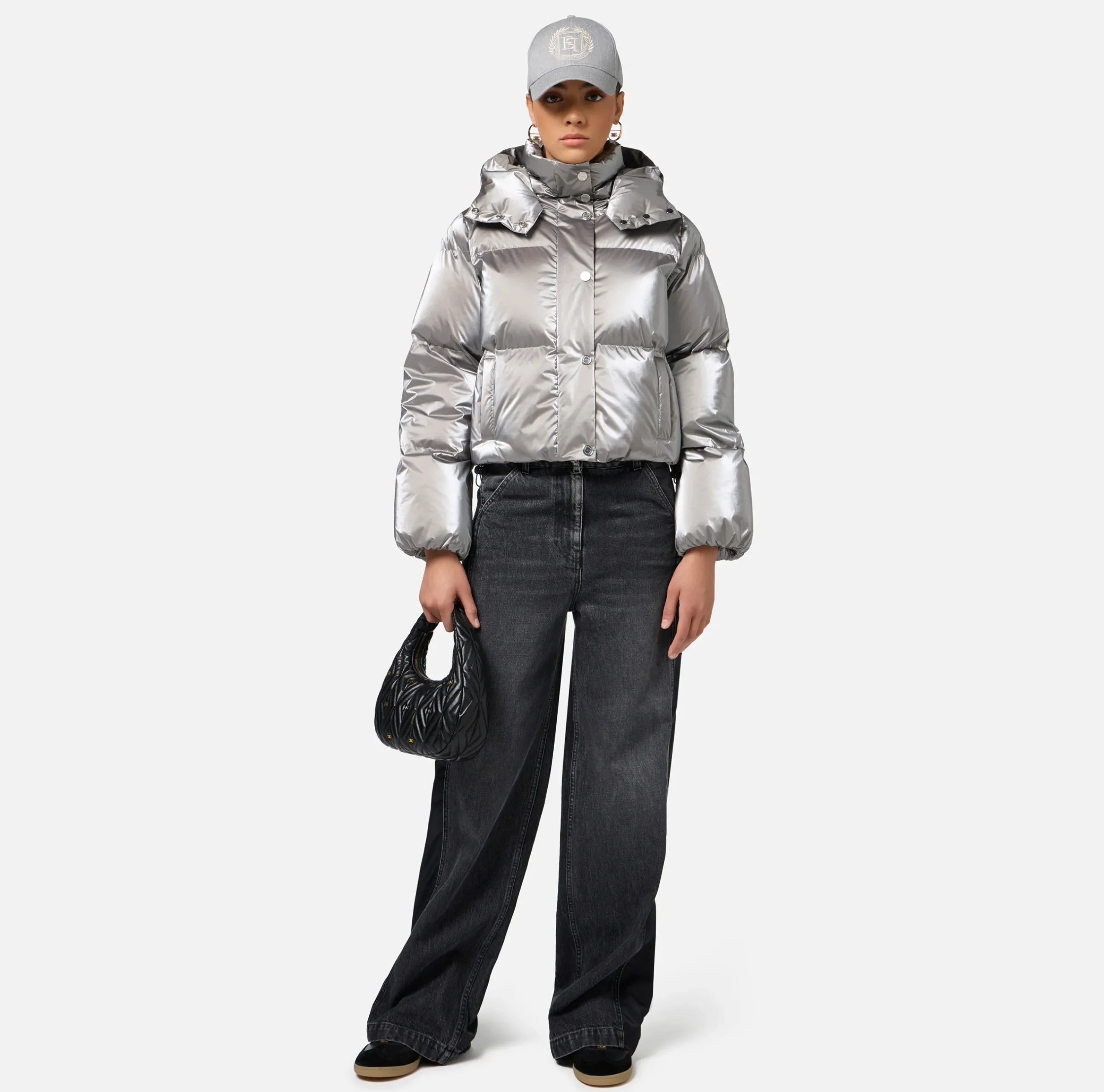 Capispalla|Elisabetta Franchi Piumino cropped in nylon effetto metallizzato Steel