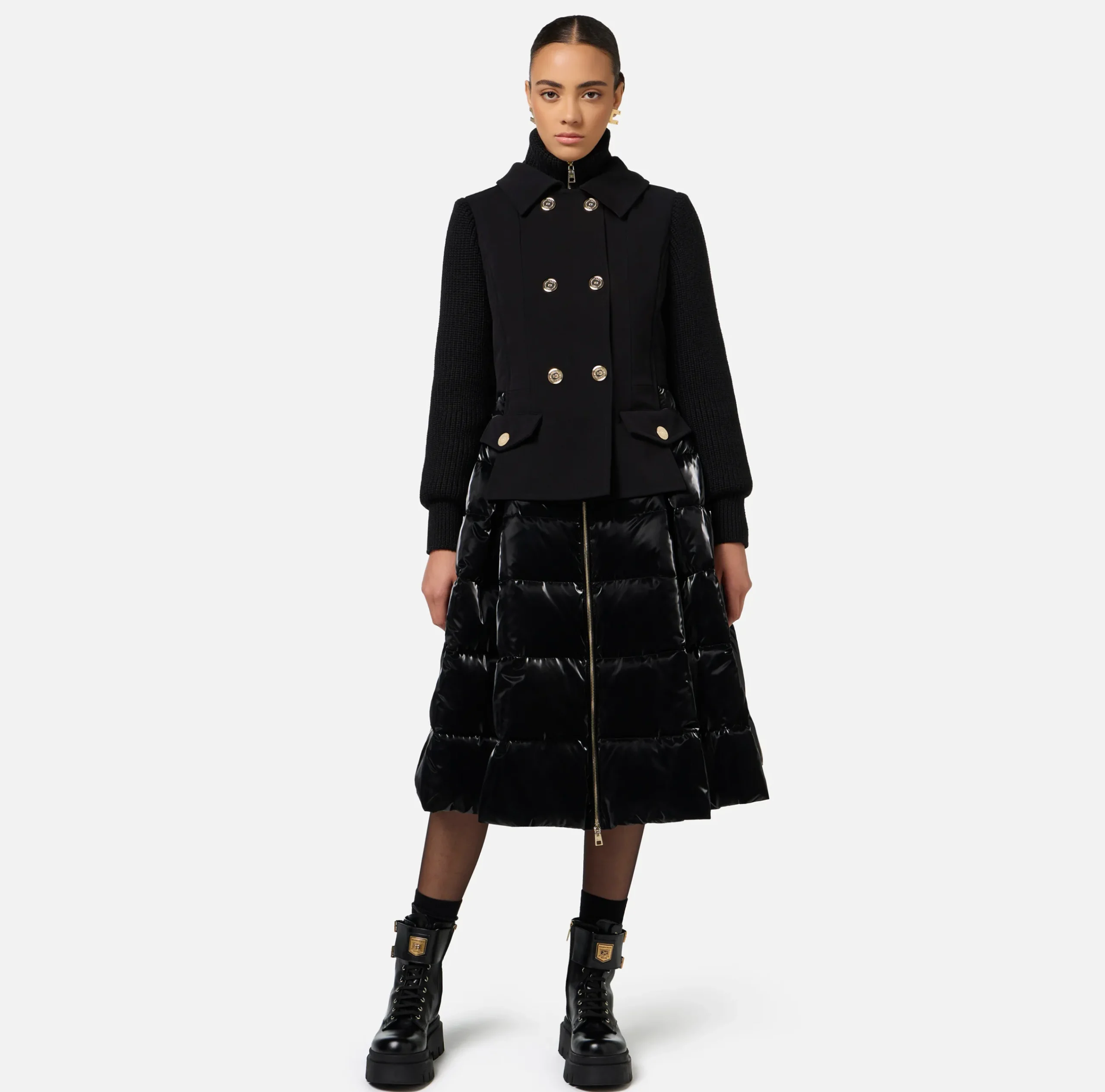 Capispalla|Elisabetta Franchi Piumino in nylon e panno con gonna a ruota Nero