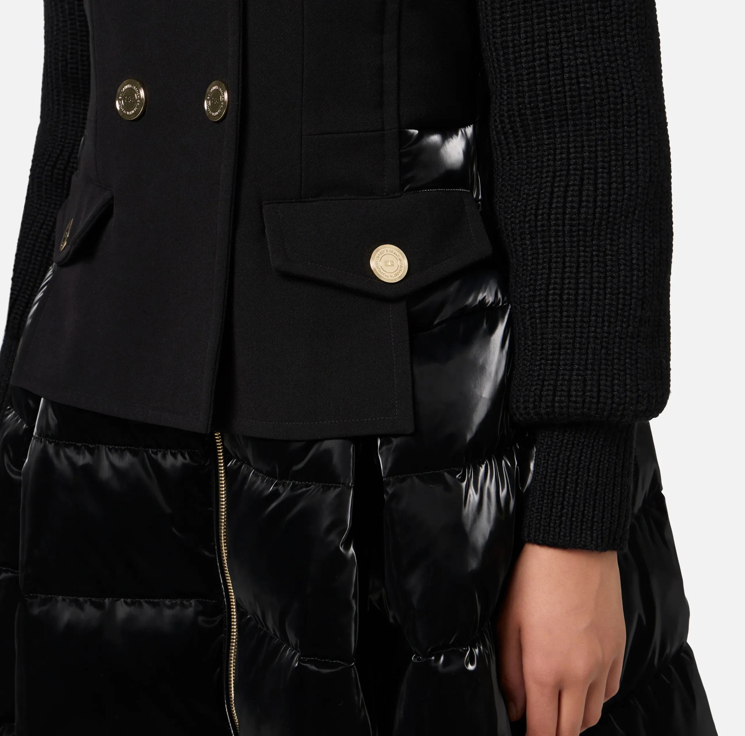 Capispalla|Elisabetta Franchi Piumino in nylon e panno con gonna a ruota Nero