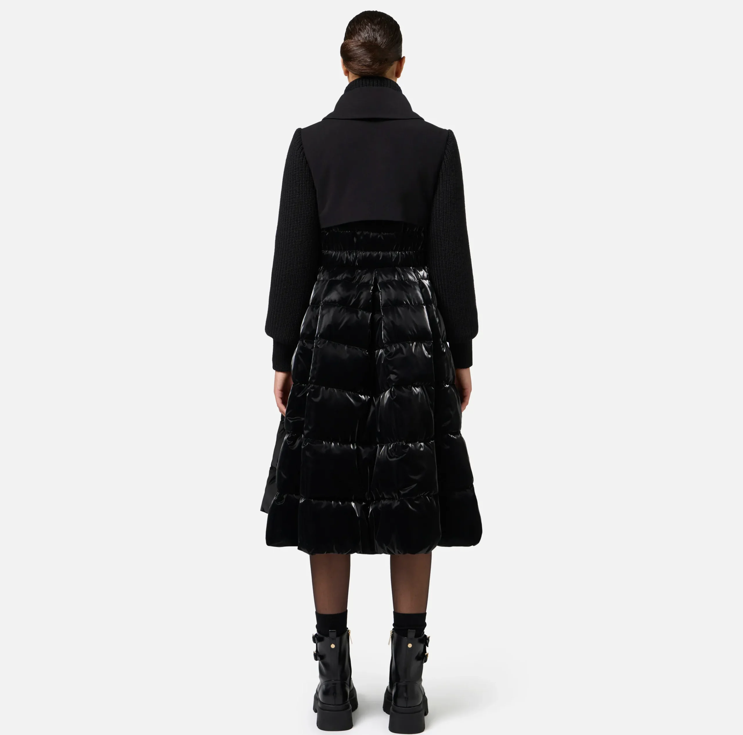 Capispalla|Elisabetta Franchi Piumino in nylon e panno con gonna a ruota Nero