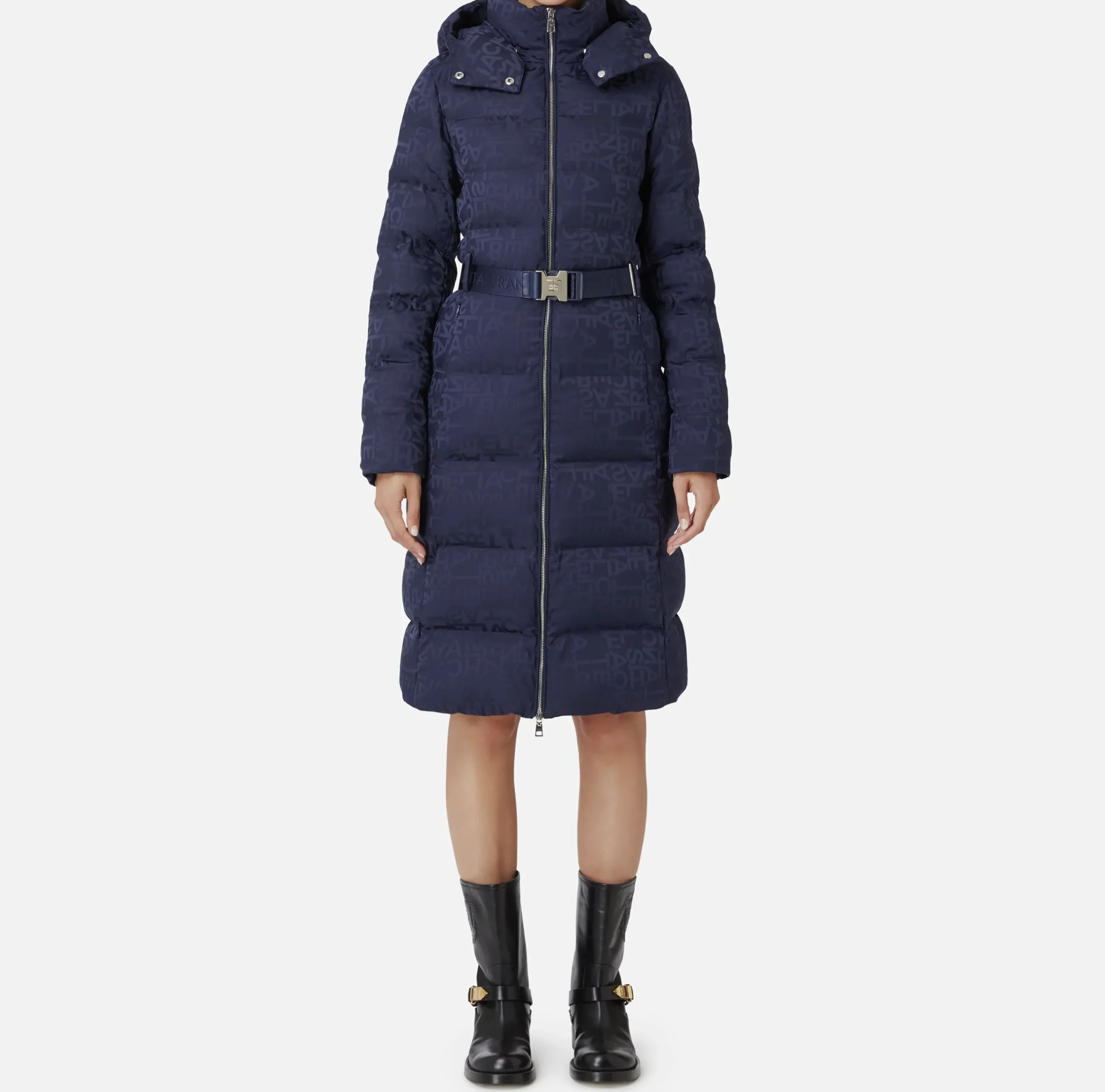 Capispalla|Elisabetta Franchi Piumino lungo in nylon jacquard lettering Navy