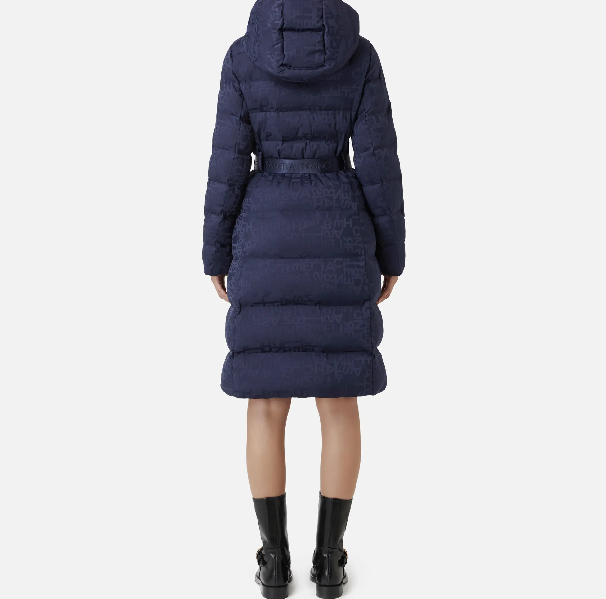 Capispalla|Elisabetta Franchi Piumino lungo in nylon jacquard lettering Navy