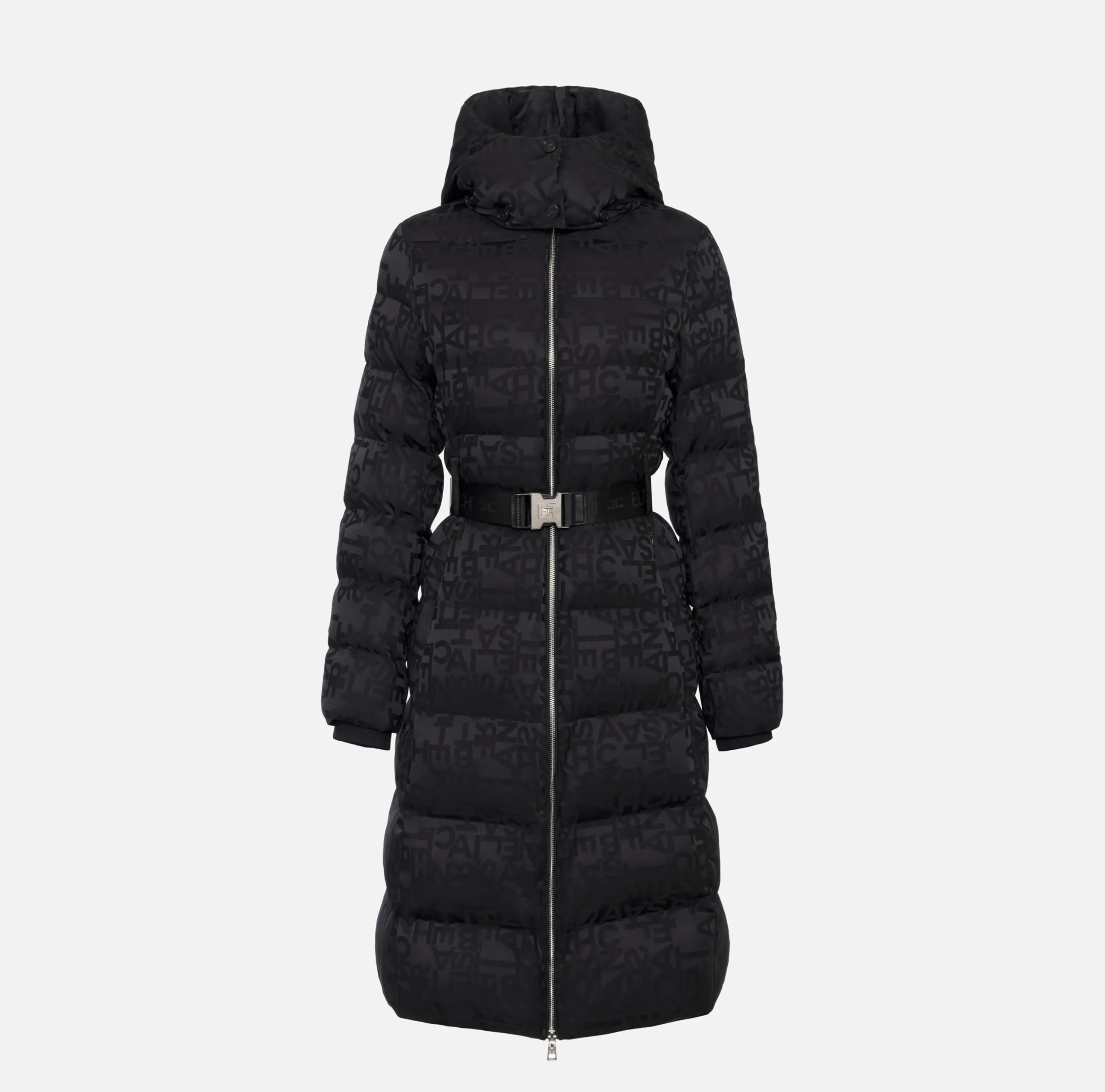 Capispalla|Elisabetta Franchi Piumino lungo in nylon jacquard lettering Nero