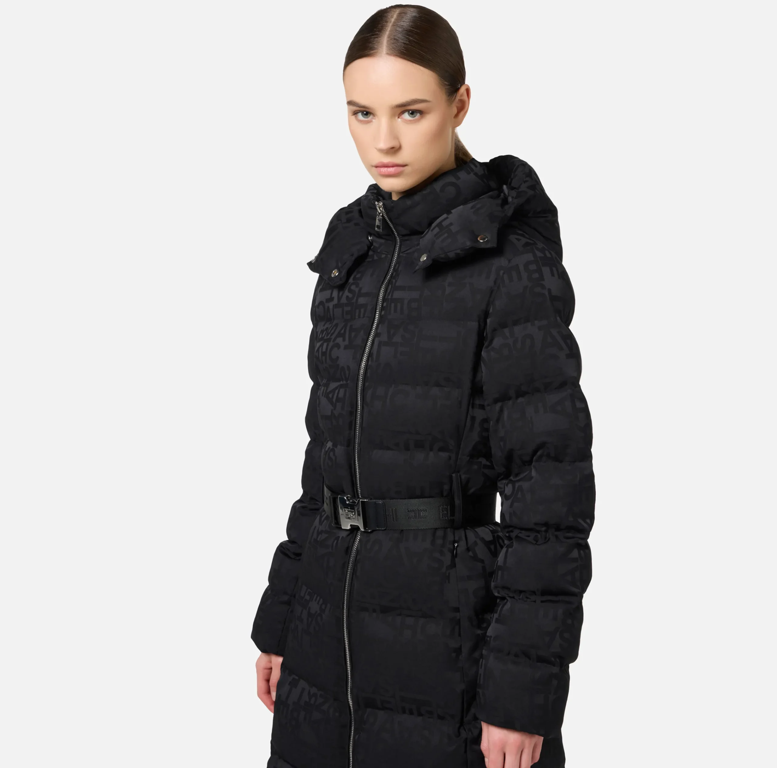 Capispalla|Elisabetta Franchi Piumino lungo in nylon jacquard lettering Nero