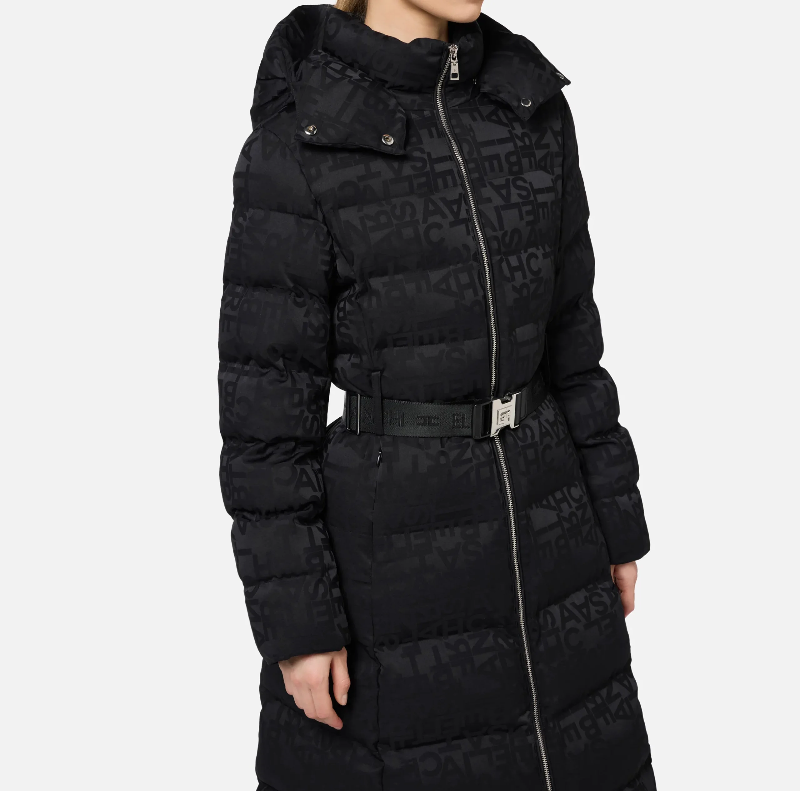 Capispalla|Elisabetta Franchi Piumino lungo in nylon jacquard lettering Nero