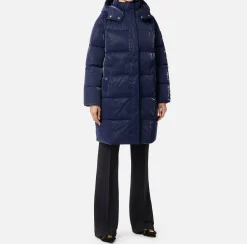 Capispalla|Elisabetta Franchi Piumino lungo in nylon satin con cappuccio Navy