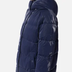 Capispalla|Elisabetta Franchi Piumino lungo in nylon satin con cappuccio Navy