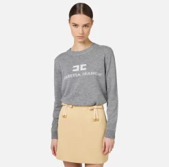 Maglieria E Felpe|Elisabetta Franchi Pullover in misto cashmere con logo GrigioMelange/Avorio