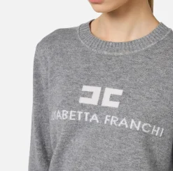 Maglieria E Felpe|Elisabetta Franchi Pullover in misto cashmere con logo GrigioMelange/Avorio